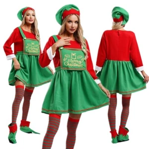 Mujeres Navidad Elfo Cosplay Disfraz Sra Santa Traje Vestido Sombrero y Zapatos Conjunto - Imagen 1 de 24