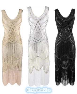 Z-A2 Ladies 1920s Roaring 20s Flapper Gatsby Costume Sequins Outfit Dress  AU - Image 1 of 4