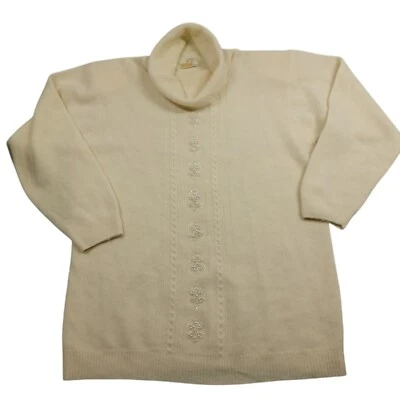 Vintage Eaton Beaded Sweater Womens L 44X28 Shoulder Pad Cream Lambswool Angora - Image 1 of 4