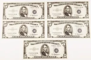 1953-A $5 Silver Certificate Lot of 5 Consecutive Notes Choice Unc FR #1656 - Picture 1 of 2