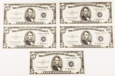 1953-A $5 Silver Certificate Lot of 5 Consecutive Notes Choice Unc FR #1656 - Image 1 of 2