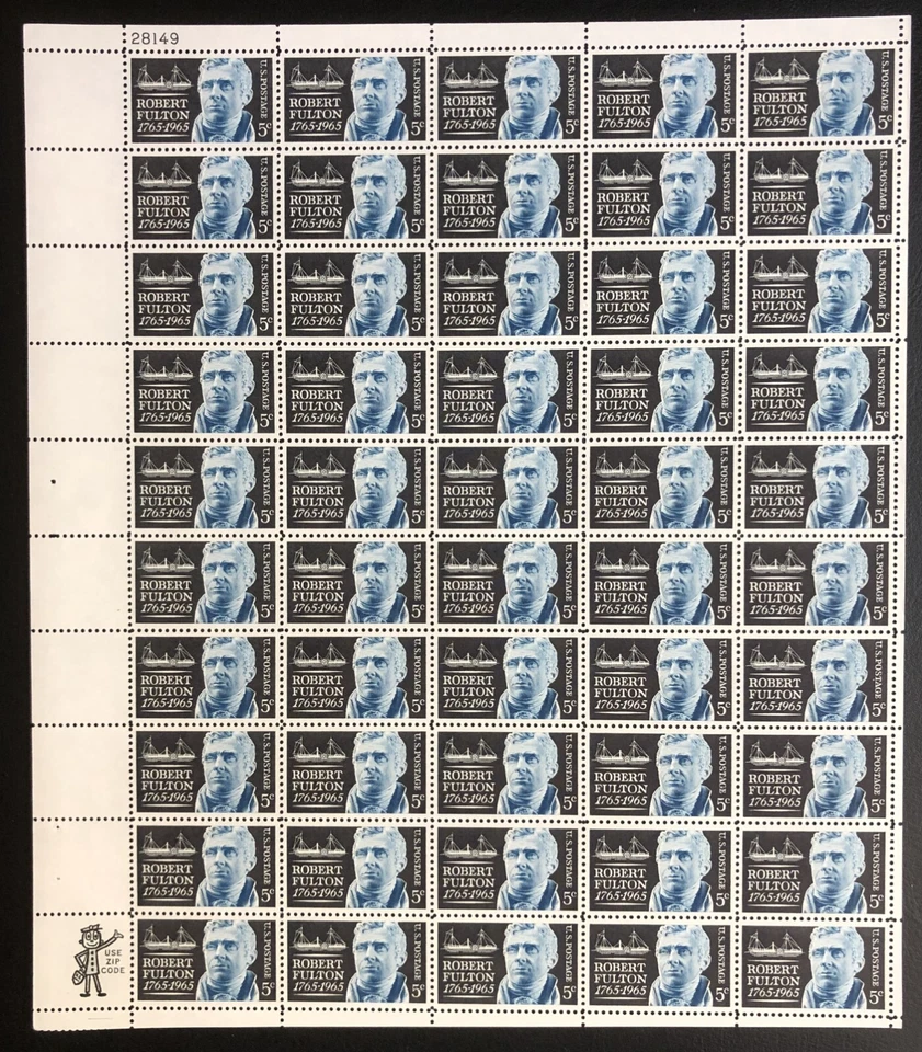 US Stamp 1965 Mint Sheet Scott #1270 Inventor Robert Fulton 5c x 50 Stamps OG - Image 1 of 1