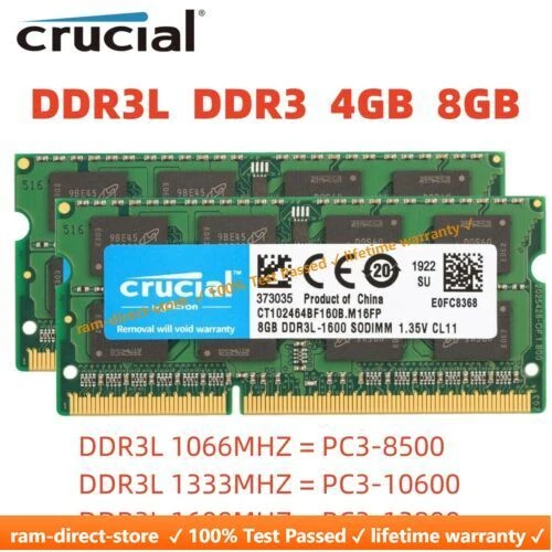 Crucial DDR3 DDR3L 4GB 8GB 1600 MHz 1333 Memory RAM SO-DIMM for Laptop Notebook - Image 1 of 4