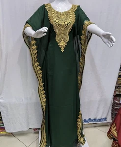 Elegant Green Kaftan Abaya Dress-Gold Embroidered Farasha Gown-Party/Eid Wear - Picture 1 of 5