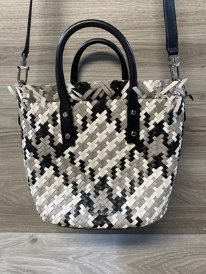 MICHAEL KORS Marley Medium Leather Bucket Messenger Bag Black/White Woven - Image 1 of 4