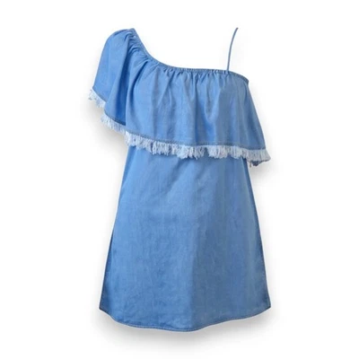 Espléndido Vestido Cambray con Volantes Tencel Índigo de Un Hombro Talla Grande Foto 1 de 4