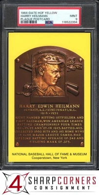 1964-DATE HALL OF FAME YELLOW PLAQUE POSTCARD HARRY HEILMANN HOF POP 3 PSA 9 - Image 1 of 3