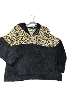 Sudadera con Capucha Estampado de Leopardo y Vellón Sherpa Negro Media Cremallera Talla XXL Se Ajusta a L-XL - Imagen 1 de 8