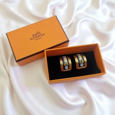 Hermes Enamel Earrings Navy Gold Authentic Elegant Jewelry 1x2cm Box Included - Image 1 of 4