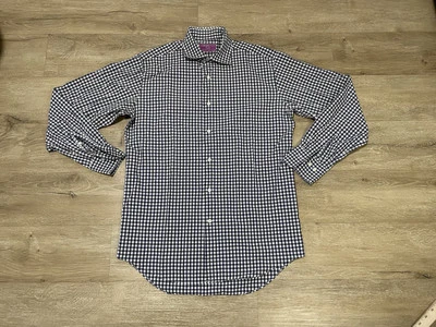 Lorenzo Uomo dress Button Up shirt plaid White Blue Mens 15.5 32-33 Trim Gingham - Image 1 of 4