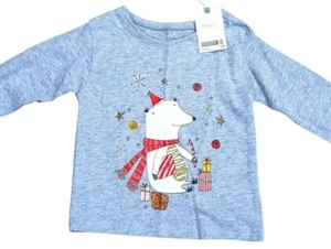 T-Shirt NÄCHSTES Baby Weihnachten Baumwolle grau Mergelbär Geschenke 12-18 Monate MRRP £6 - Bild 1 von 4