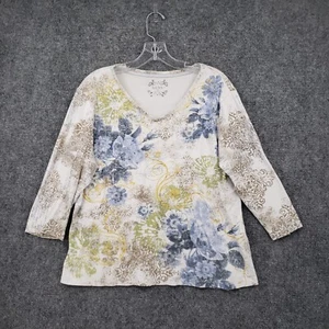 Nicole Miller T Shirt Womens XL White 3/4 Sleeve V Neck Beaded Y2K Floral - Picture 1 of 11