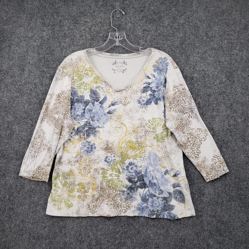 Camiseta Nicole Miller Mujer XL Blanca Manga 3/4 Cuello en V Cuentas Y2K Floral Foto 1 de 4