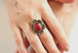 Carnelian Gemstone & Decorated Brass Mood Women Rose Shape Ring - Agha Red - Picture 1 of 1