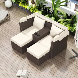 2-Person Double Daybed Outdoor Patio Daybed Loveseat Sofa Set Recliner W/ Canopy - Picture 1 of 9