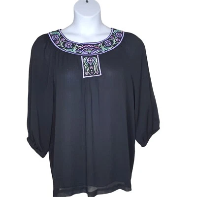 Bob Mackie верхний размер L черный богемное блузка гофрированный 3/4 рукав цветочная вышивка - Изображение 1 из 4