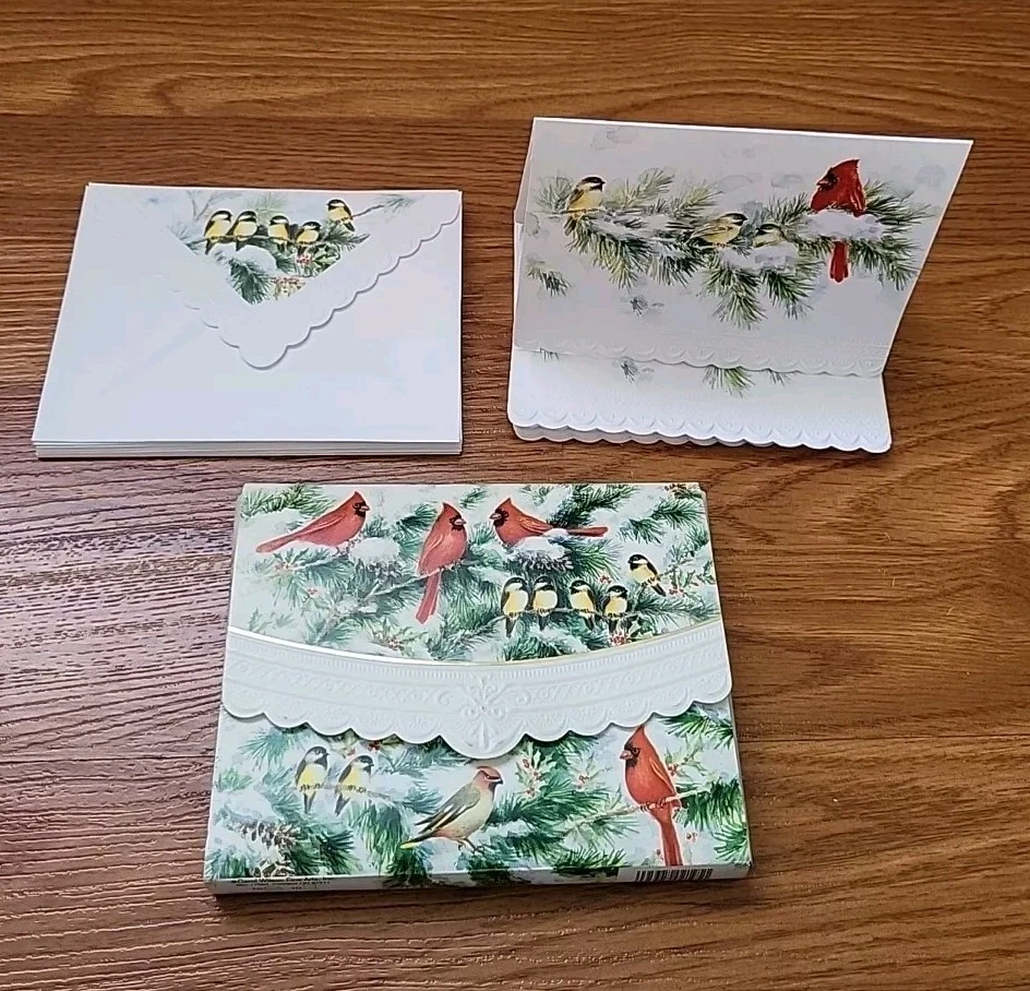 Carol Wilson Christmas Cardinals 10 Embossed Note Card and Envelope Set 5”x 7" - Image 1 of 4