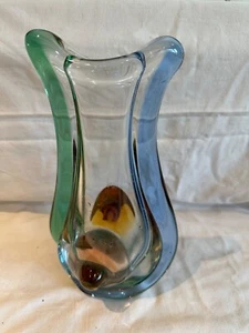 Czech Mstisov "Rhapsody" - Blue Green Amber Pink Glass Vase 1960’s Fish Design - Picture 1 of 15