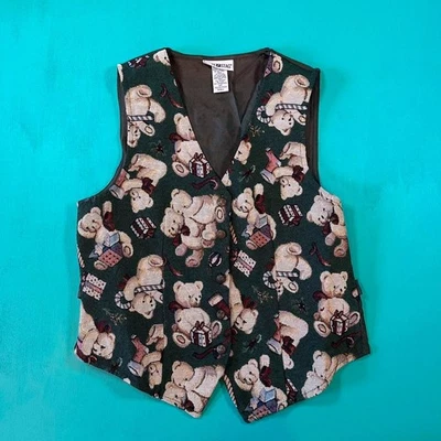 Vintage 90s teddy bear pattern vest womens 1990s vintage button front vest - Image 1 of 4