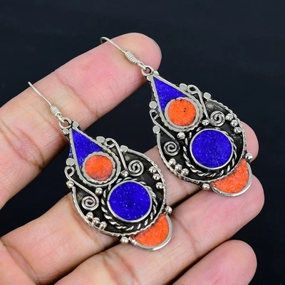 Lapis Lazuli Coral Handmade 925 Sterling Silver Tibetan Vintage Earring 2.4" R32 - Image 1 of 4