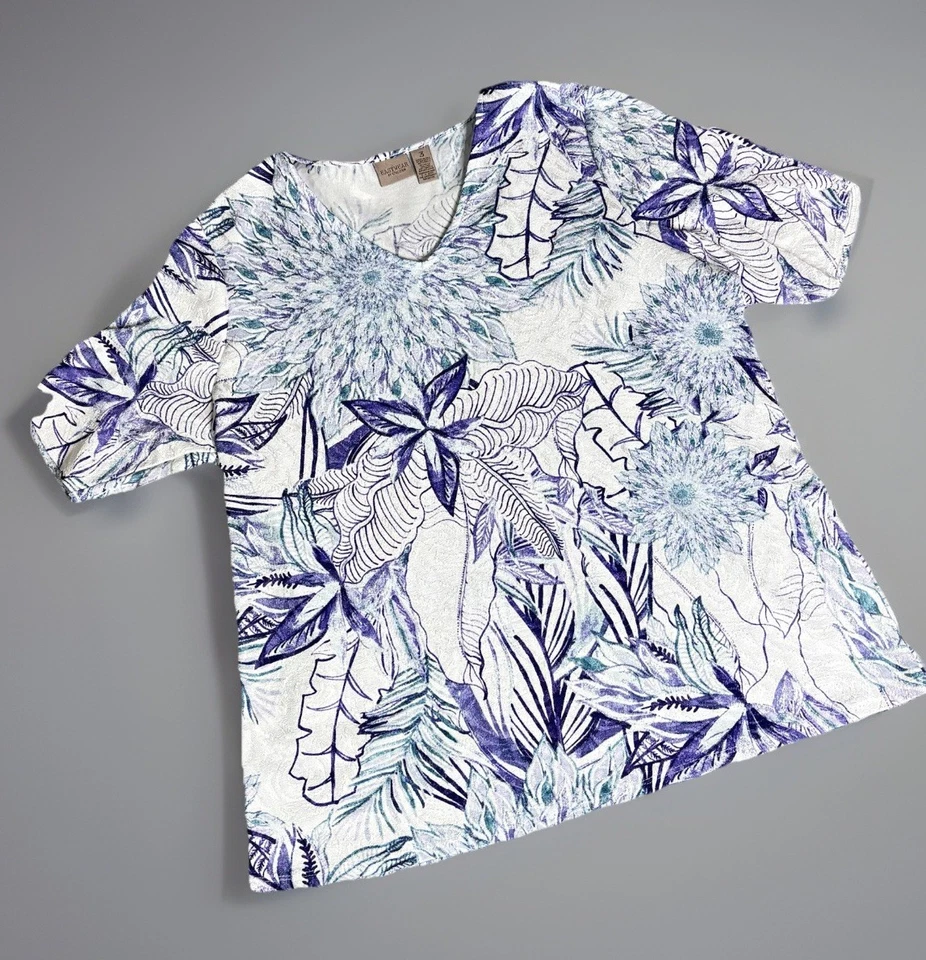 Camisa Top Tropical Chico’s 3 Easywear Talla XL Púrpura Verde azulado Elástica Manga Corta Foto 1 de 4