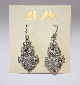 2028 Silver Tone Crystal Drop Earrings Vintage Inspired Rhinestone Fan Design - Picture 1 of 3