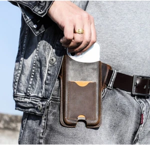 Leather Cell Phone Holster Phone Pouch With Card Holder For 4"-6.76" Smartphone - Photo 1 sur 10