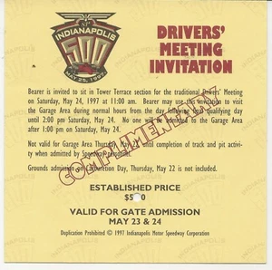 1997 Indy 500 complimentary pass to meeting for drivers - Picture 1 of 2
