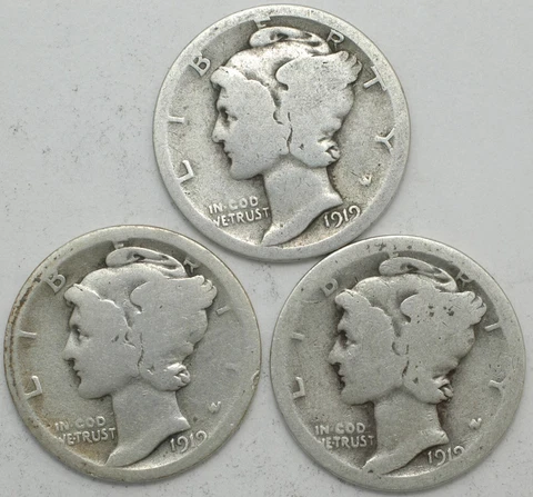 1919-P-D-S Winged Liberty Mercury Silver dime mint year set of 3 coins Cover