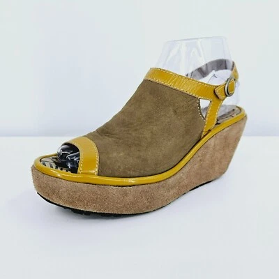 Fly London Pyle Wedges Pumps 36 5.5 Brown Suede Patent Mustard Peep Toe Buckles - Image 1 of 4