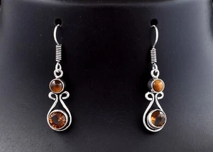 Sterling Silver Round Citrine Gemstone Gold/ Rose Plated Handcrafted Earrings - Picture 1 of 7