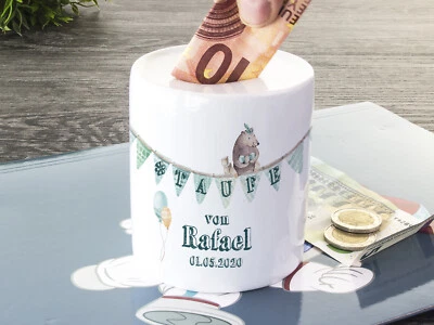 Spardose Taufe Junge mit Namen Geld Geschenk personalisiert Bär in Türkis Baby  - Bild 1 von 4