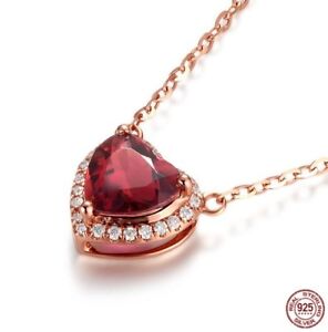 Rose Gold Ruby CZ Love Heart 925 Sterling Silver Pendant Necklace 18"+1" Box K42