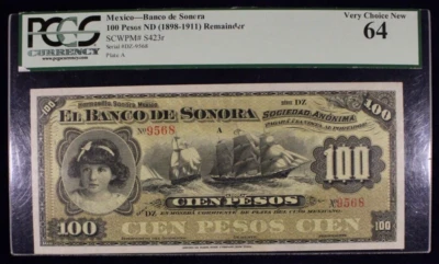 1898 - 1911 Mexico Banco de Sonora 100 Pesos Remainder S423r PCGS 64 - Image 1 of 2