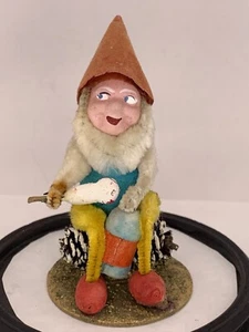 Vintage Spun Cotton Chenille Elf Playing Drums Sitting on Pinecone Mica Japan - Picture 1 of 24