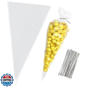 100 bolsas de golosinas de cono transparente bolsas de caramelos de celofán con lazos giratorios para favores de fiesta - Imagen 1 de 5