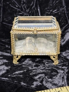 Antique French Beveled Glass Ormolu Filigree Brass Jewelry Casket Box - Picture 1 of 11