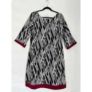 Sandra Darren Women’s Dress Size 16 Black White Geometric Print 3/4 Sleeve - Picture 1 of 12