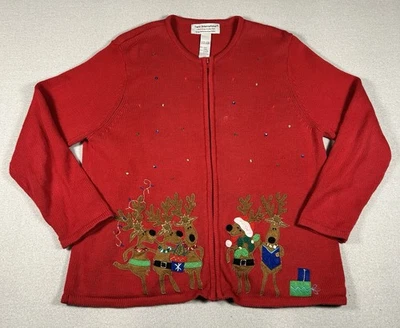 Cárdigan Suéter De Colección Bordado Navidad Cremallera Mujer XL Rojo Reno Foto 1 de 4