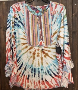 John Mark 1X Colorful Tie Dye Tasseled Roll Tab Sleeve Tunic Top NWT - Picture 1 of 11