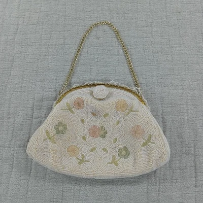 Hand Made In France For Jorelle Bags Beaded White Floral Design Evening Clutch - Image 1 of 4