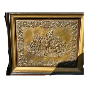 Antique Shadow Box Frame Brass Plague with Christopher Columbus Landing - Picture 1 of 11
