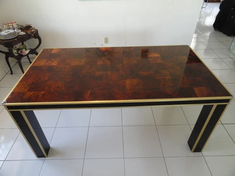 EXTRAVAGANT CHIC 70s BRASS & CHROME WILLY RIZZO OLIVE WOOD BURL DINING TABLE Cover