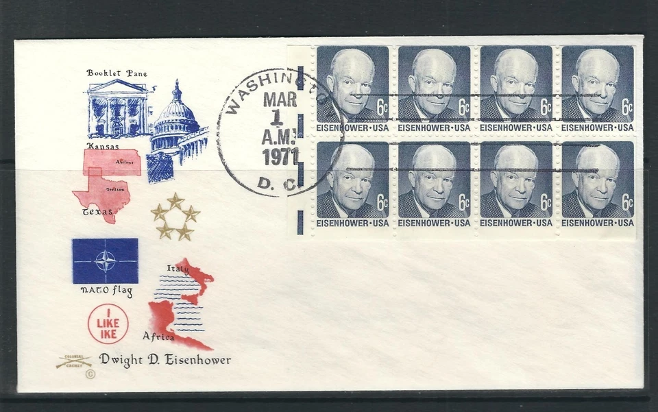USA SC # 1393a Eisenhower Booklet pane of 8 , Dull Gum FDC . Colonial Cachet - Image 1 of 1