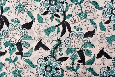 Indian Hand Block Print Fabric Natural Cotton Voile Floral Fabric White 3 Yard - Image 1 of 4