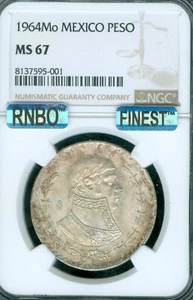 1964 MEXICO SILVER MORELOS PESO NGC MS67 PQ MAC FINEST & RAINBOW   * - Picture 1 of 2