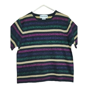 Vintage Joan Leslie Large Sweater Top Striped Shiny Acrylic Short Sleeve - Picture 1 of 6