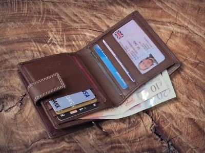 ASHFIELD Mens Real Leather Wallet With Zip Coin Pocket Pouch ID Window 108 Brown