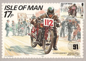 Oliver Godfrey Bicicleta de Motociclista Indian 500cc 1911 Carrera Isla de Man Maxi Tarjeta FDC 1991 - Imagen 1 de 1