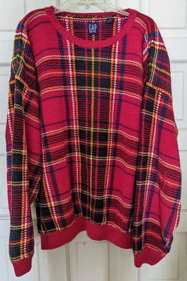 Vintage GAP Red Tartan Plaid Chunky Sweater, Men's Size XL, 100% Cotton - Image 1 of 4